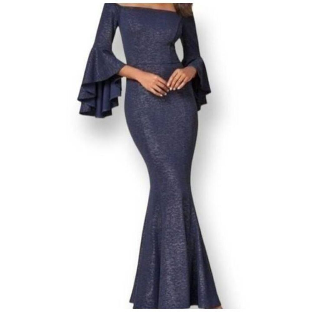 VENUS NAVY & SILVER METALLIC OFF-THE-SHOULDER BELL SLEEVE DRESS SZ.6 EUC.